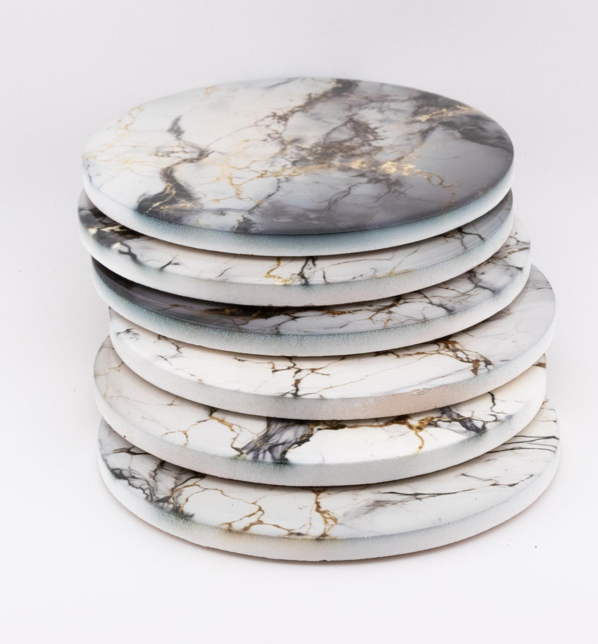 AI24020C Grey, White & Gold Marble Effect Round Ceramic Coasters-  Set of 6, colourful, gift for all occasions, six unique designs.