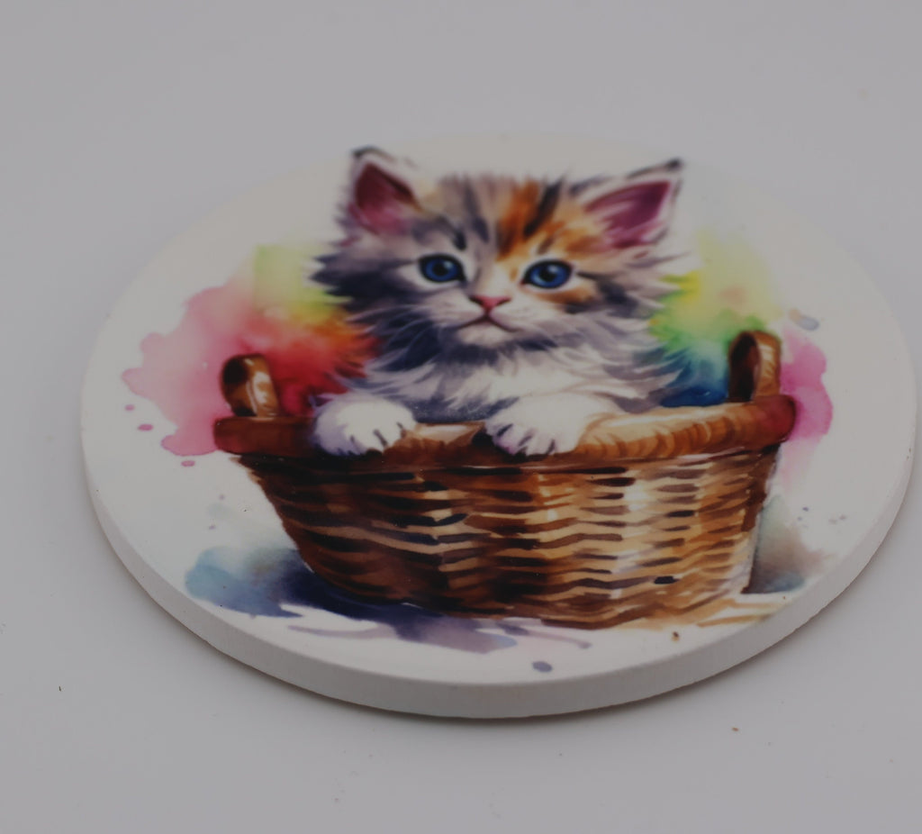 Cuddly kitten Printed Watercolour effect Round Ceramic Coasters-  Set of 6, colourful, gift for all occasions, six unique designs.