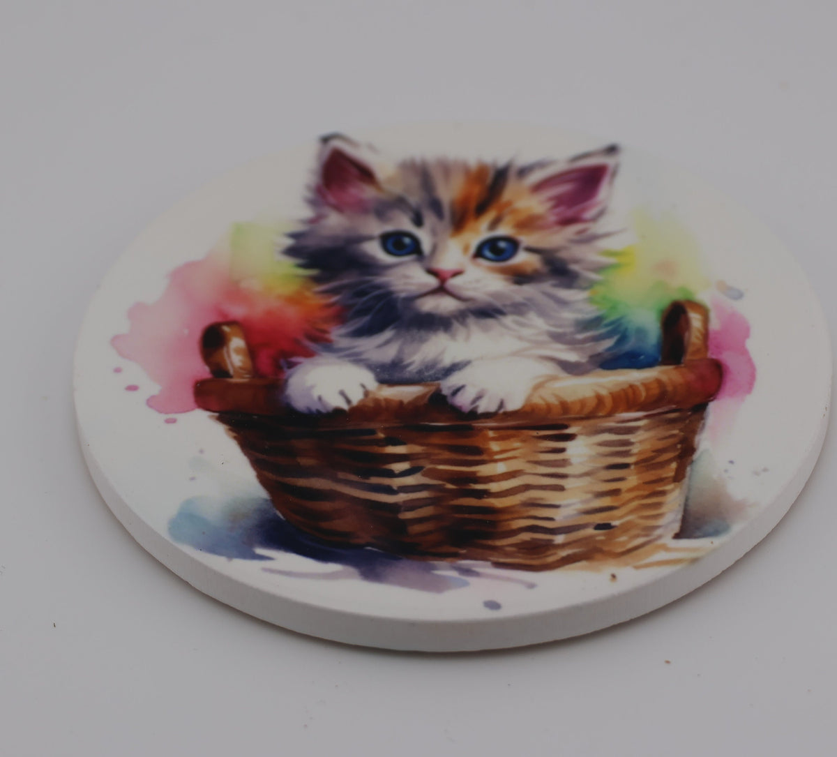 Cuddly kitten Printed Watercolour effect Round Ceramic Coasters-  Set of 6, colourful, gift for all occasions, six unique designs.