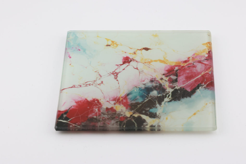 AI24018G Colorful Marble Glass Coaster, Abstract Agate Coaster, Modern Red Blue Gold Marble Decor, Rectangular Glass Drink Coaster Gift