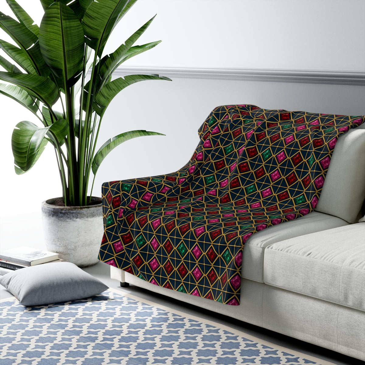 Gold Diamond Trellis Sherpa Fleece Blanket – Art Deco Pattern