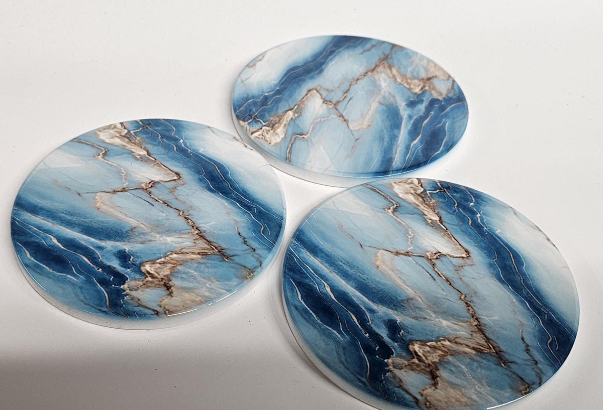 AI24061C Cyan, Blue & Gold Marble effect -  Round Ceramic Coasters- Set of 6, gift for all occasions, Designed and made in Britain