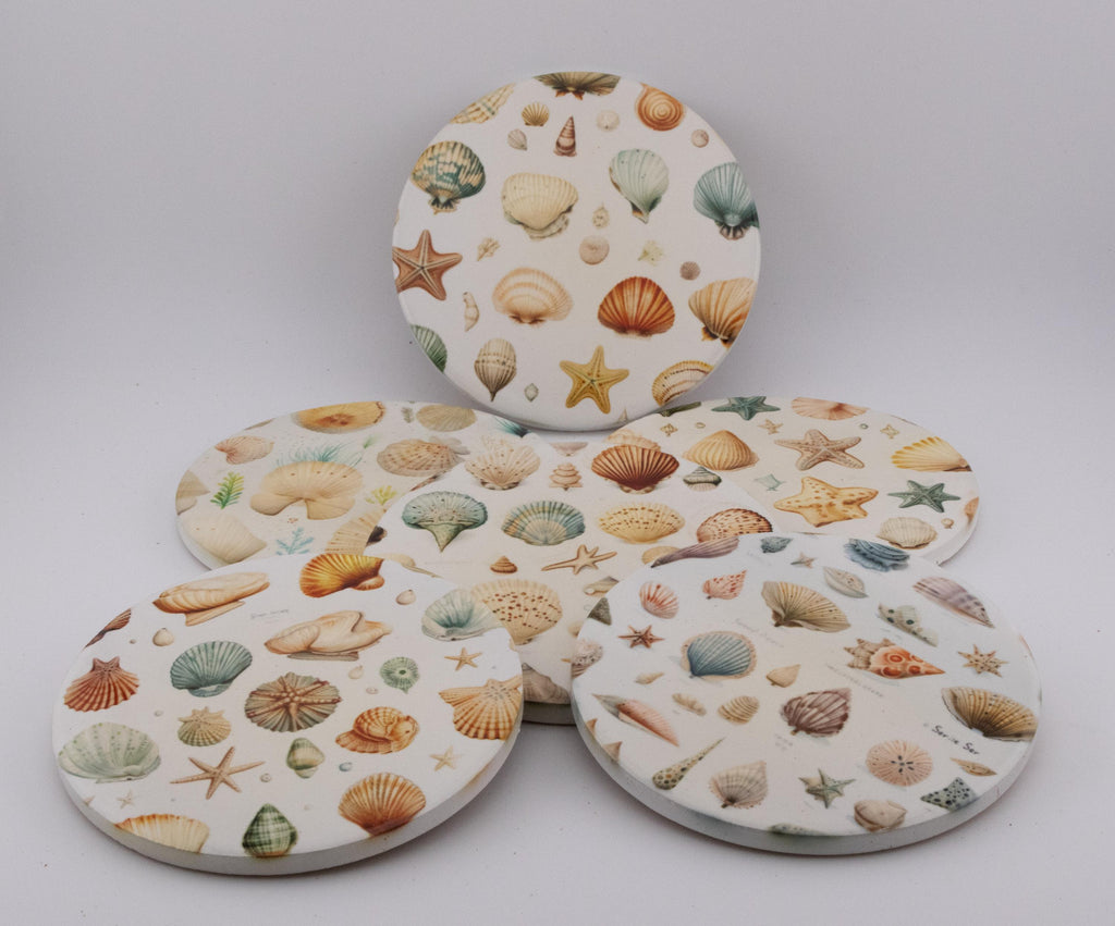 AI24041C  Beachlife Shell collection  Round Ceramic Coasters- Set of 6, colourful, gift for all occasions, six unique designs.