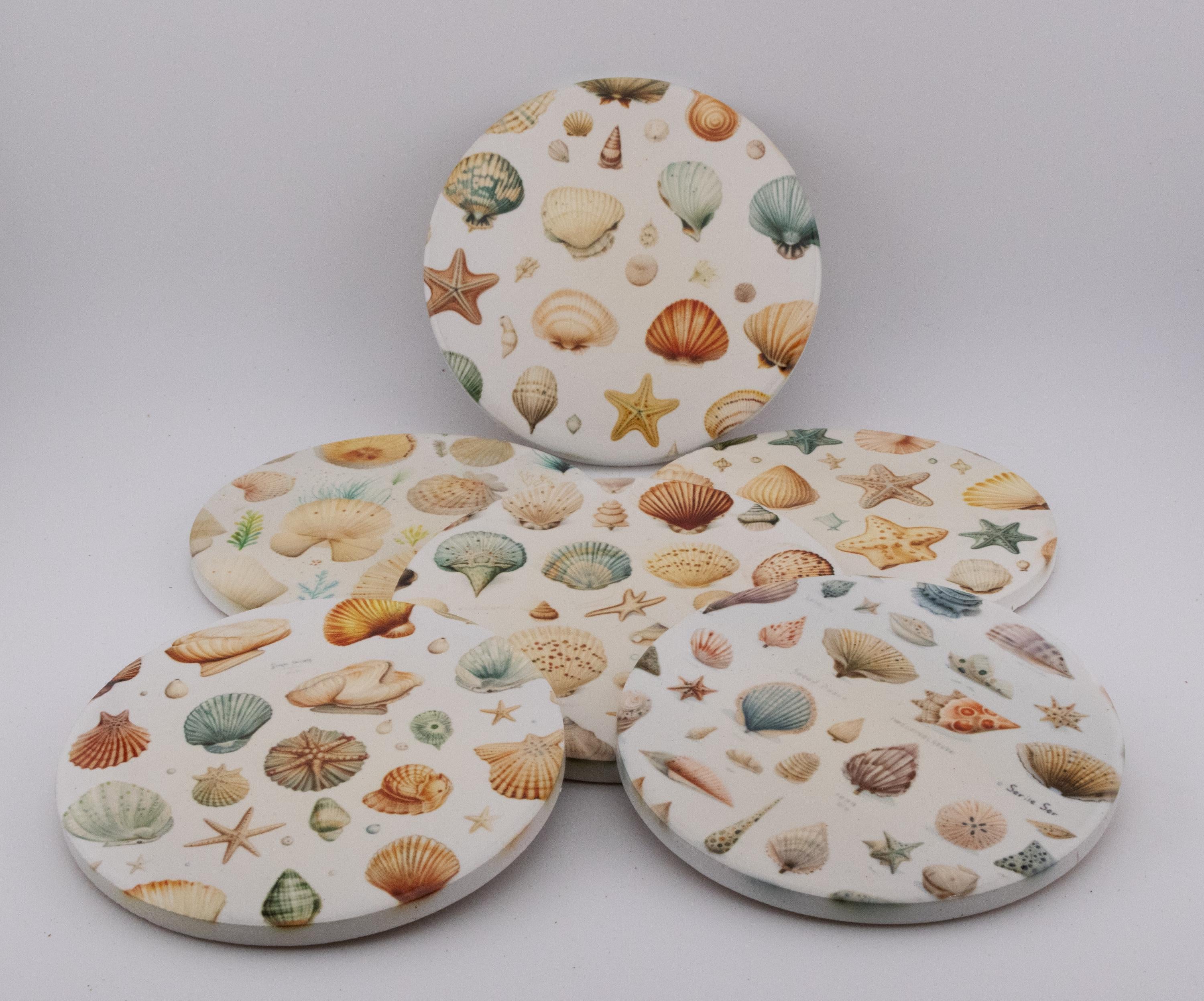 AI24041C  Beachlife Shell collection  Round Ceramic Coasters- Set of 6, colourful, gift for all occasions, six unique designs.