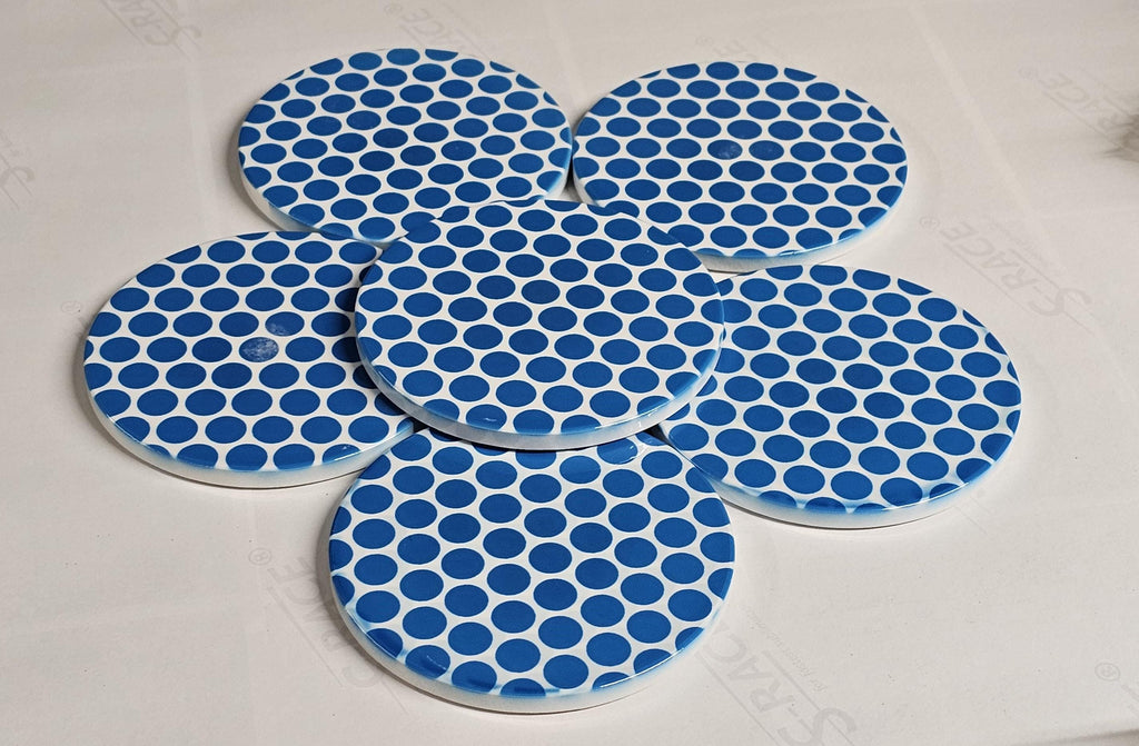 AI24067C Blue Circles / Spots Contemporary Pattern -  Round Ceramic Coasters- Set of 6, gift for all occasions, Designed and made in Britain