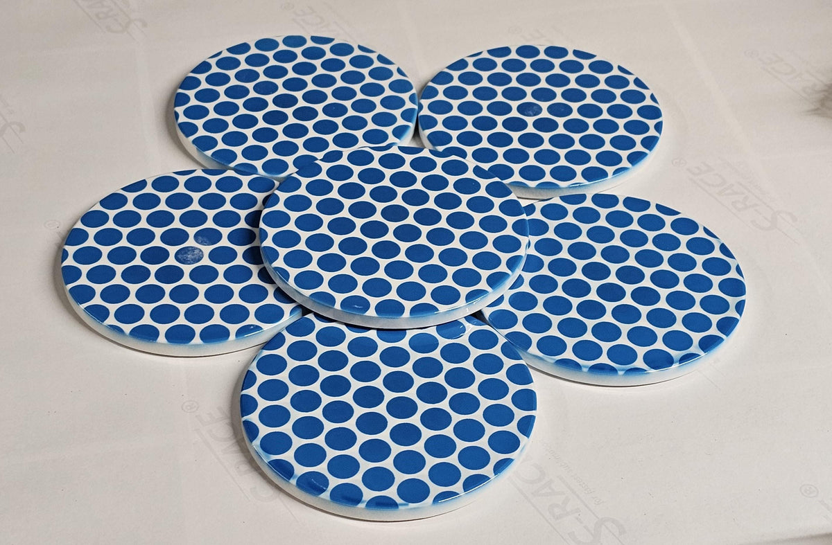 AI24067C Blue Circles / Spots Contemporary Pattern -  Round Ceramic Coasters- Set of 6, gift for all occasions, Designed and made in Britain
