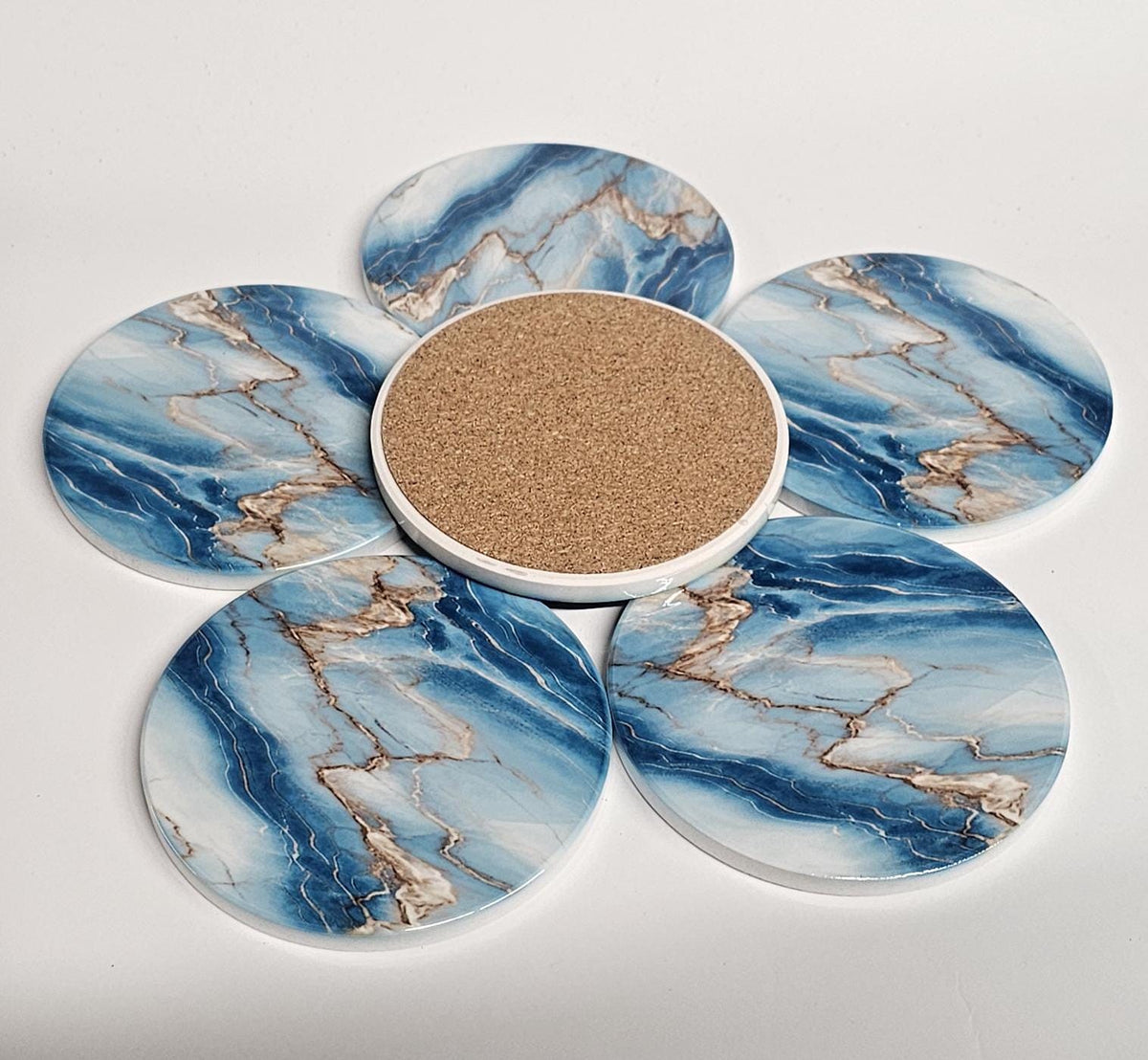 AI24061C Cyan, Blue & Gold Marble effect -  Round Ceramic Coasters- Set of 6, gift for all occasions, Designed and made in Britain