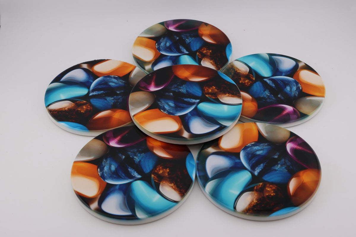 AI24046C  Pebbles - Multi coloured Round Ceramic Coasters- Set of 6, gift for all occasions, Designed and made in Britain