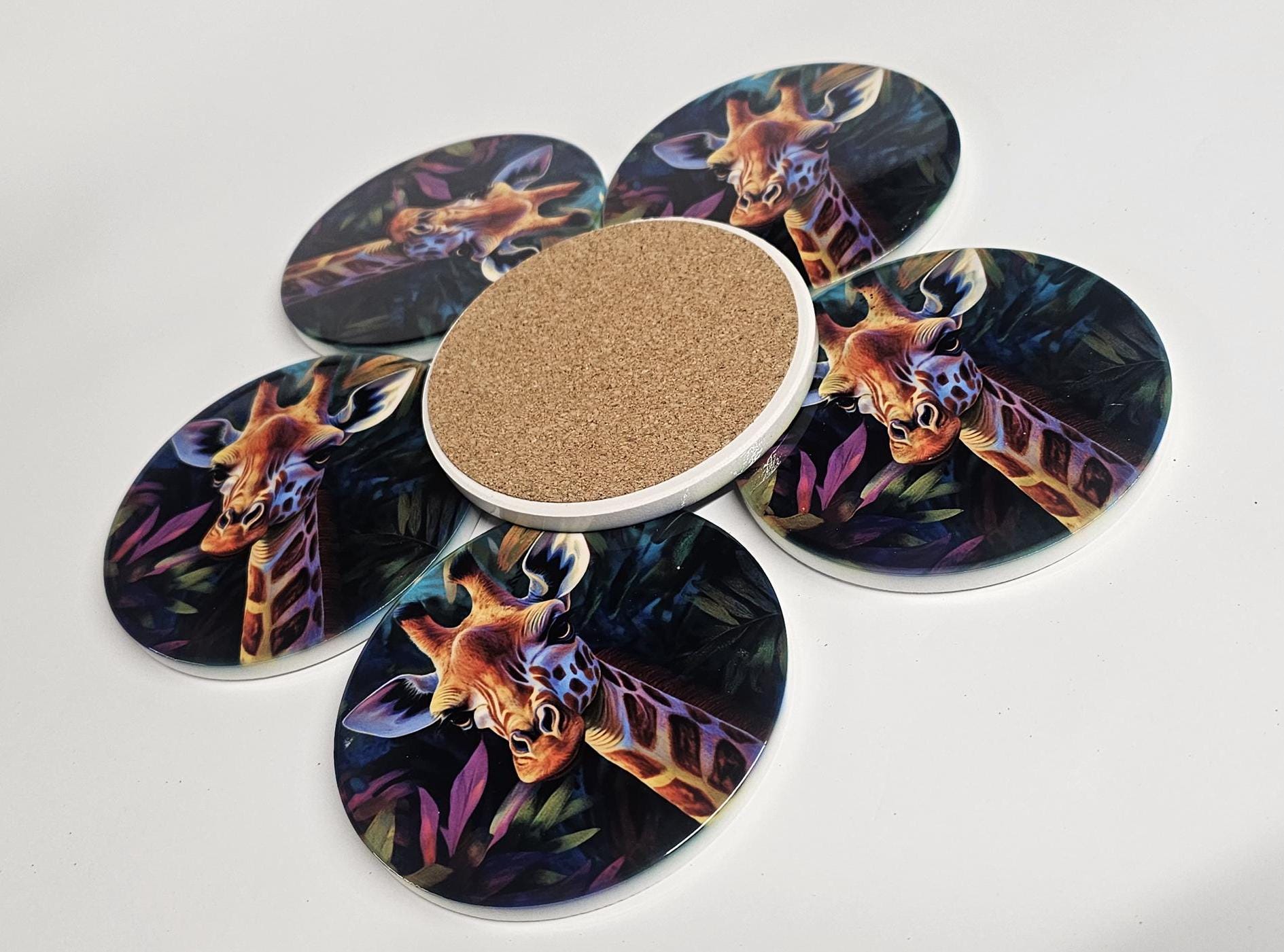 AI24065C Contemporary Design, Jungle Giraffe -  Round Ceramic Coasters- Set of 6, gift for all occasions, Designed and made in Britain