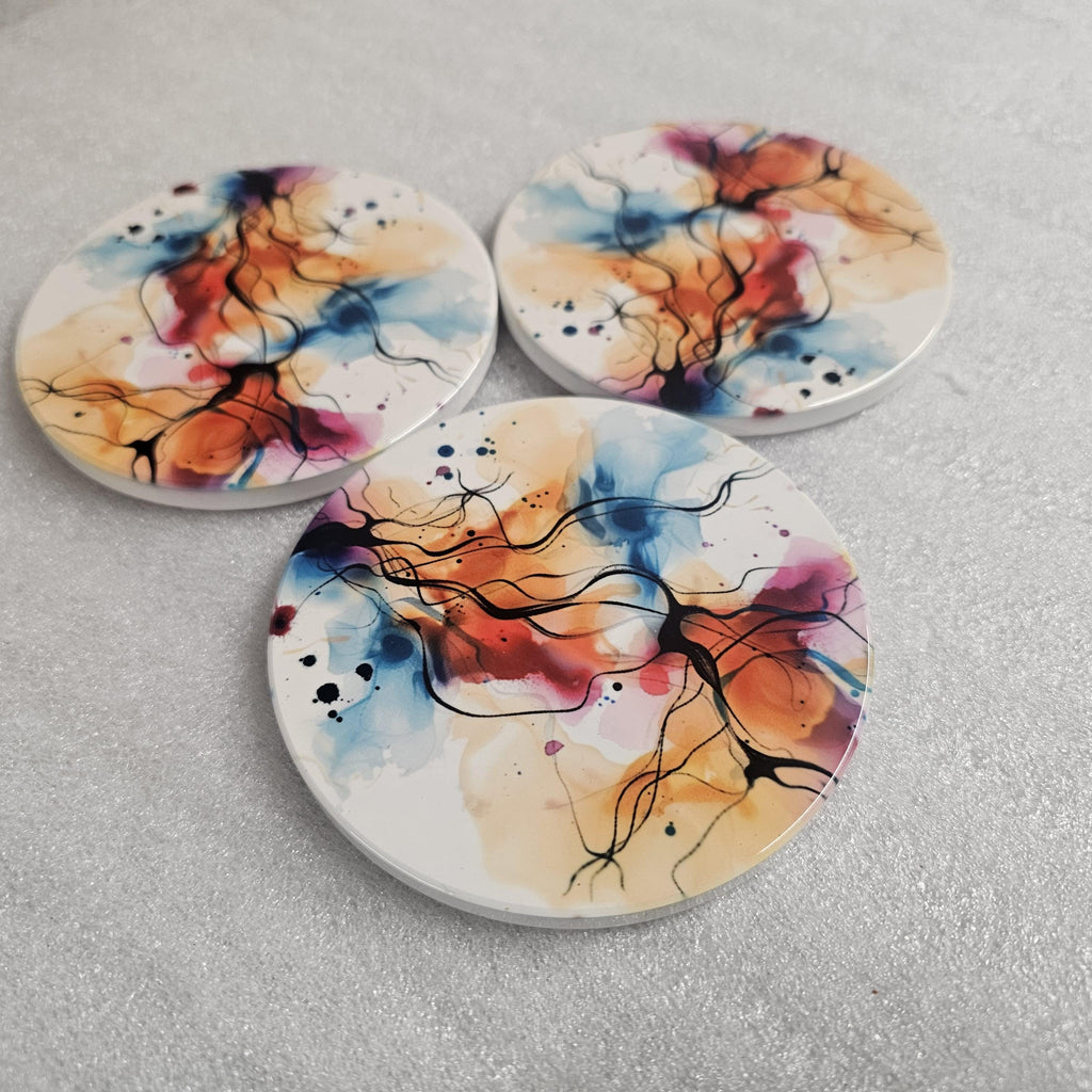 AI24058C Watercolour  Design No3 - Multi coloured Round Ceramic Coasters- Set of 6, gift for all occasions, Designed and made in Britain