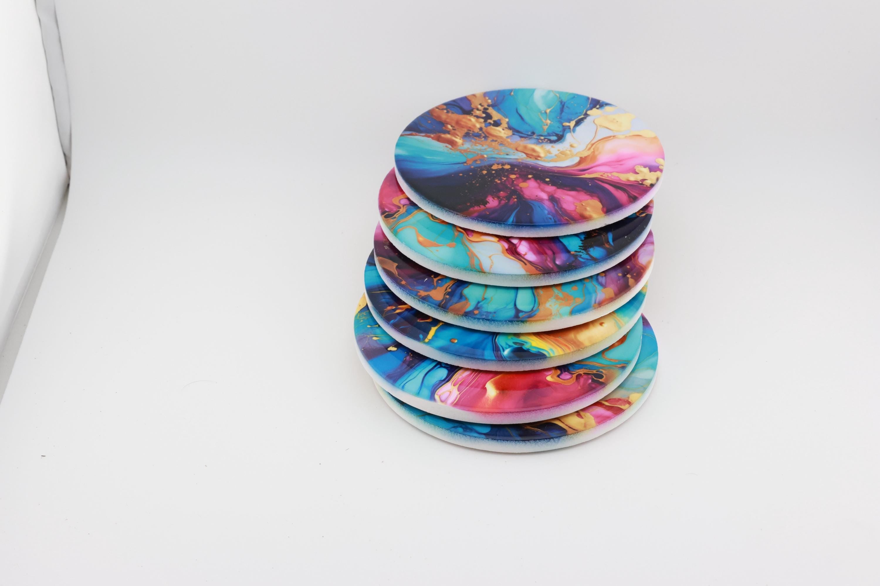 AI24021C Multi Colour Fluid Lava, purples,Effect Round Ceramic Coasters- Set of 6, colourful, gift for all occasions, six unique designs.