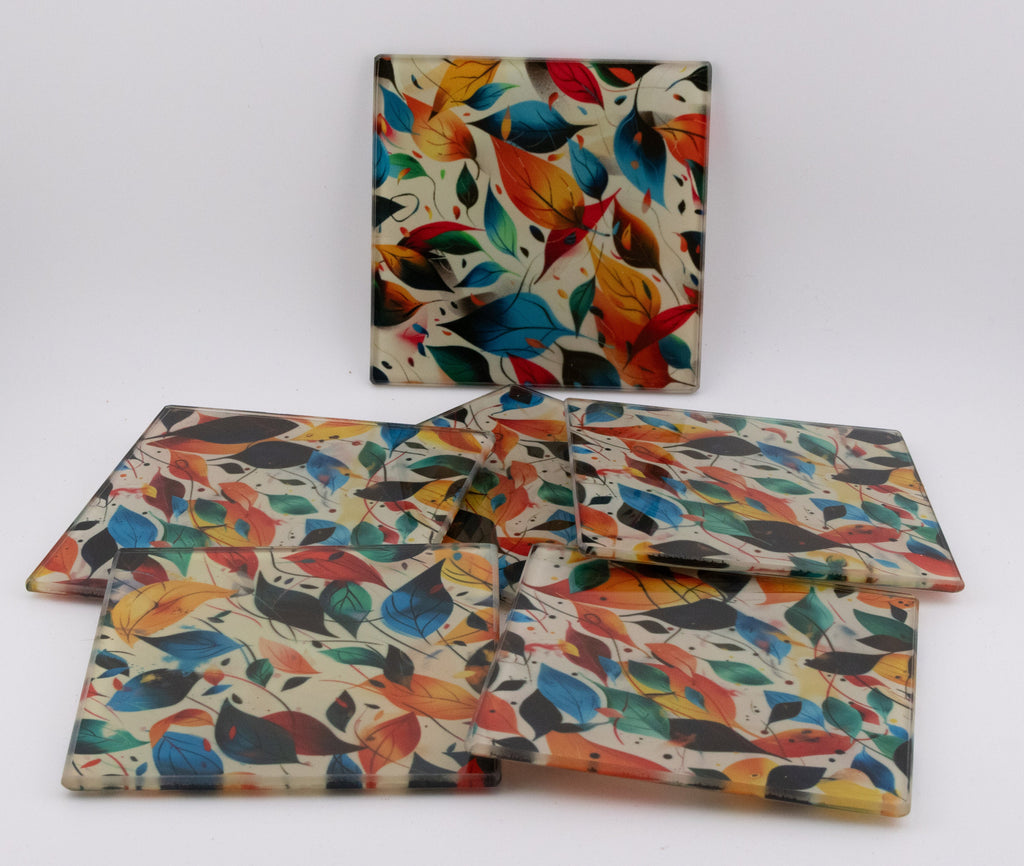 AI24025G Autumnal Woodland leaves scene Square Glass Coasters - Set of 6, gift for all occasions, six unique designs.