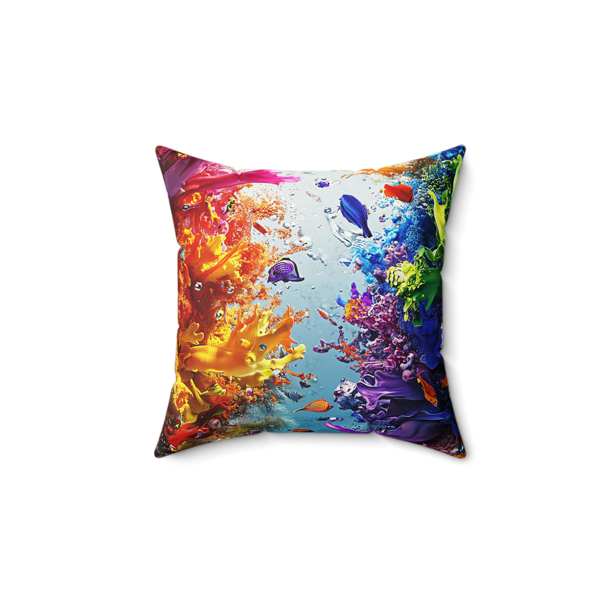 Rainbow Reef Bloom Faux Suede Cushion – Underwater Splash Art