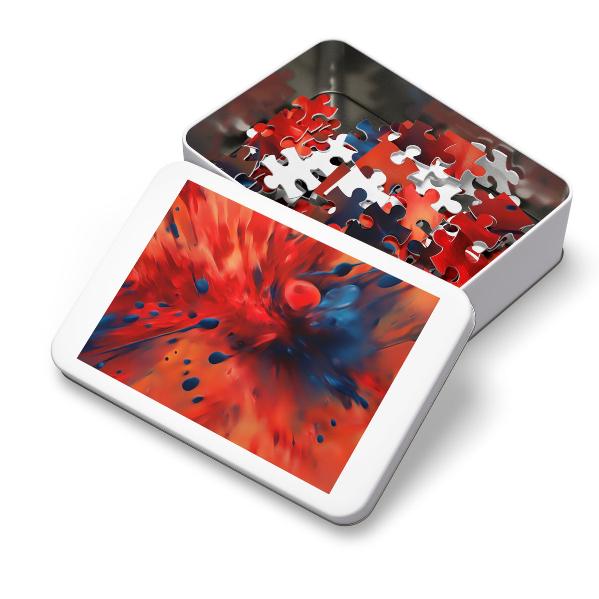 Scarlet Blue Blast Jigsaw Puzzle with Tin – Abstract Explosion Art