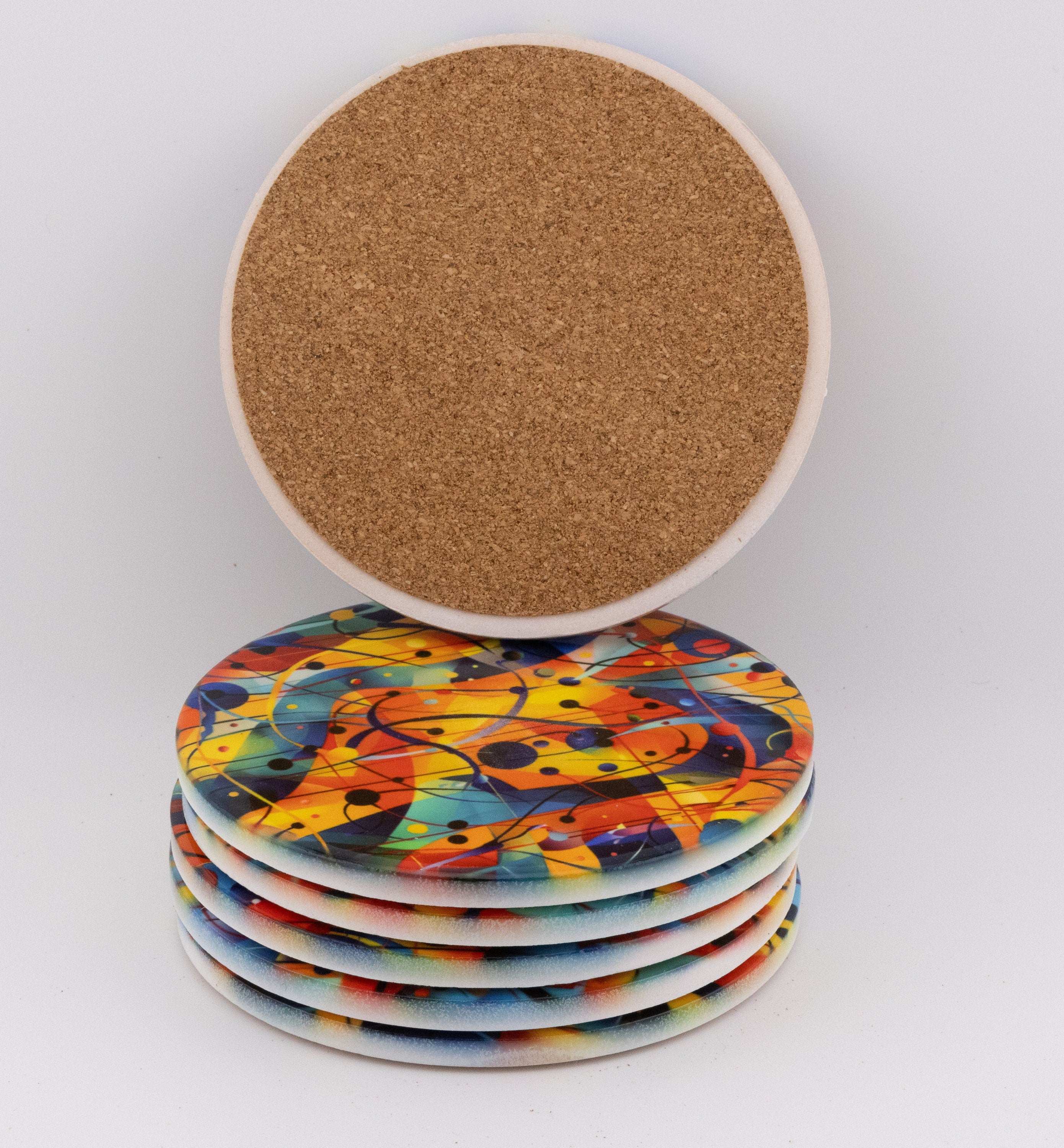 AI24035C Chaotic Watercolour Abstract Effect Round Ceramic Coasters- Set of 6, colourful, gift for all occasions, six unique designs.