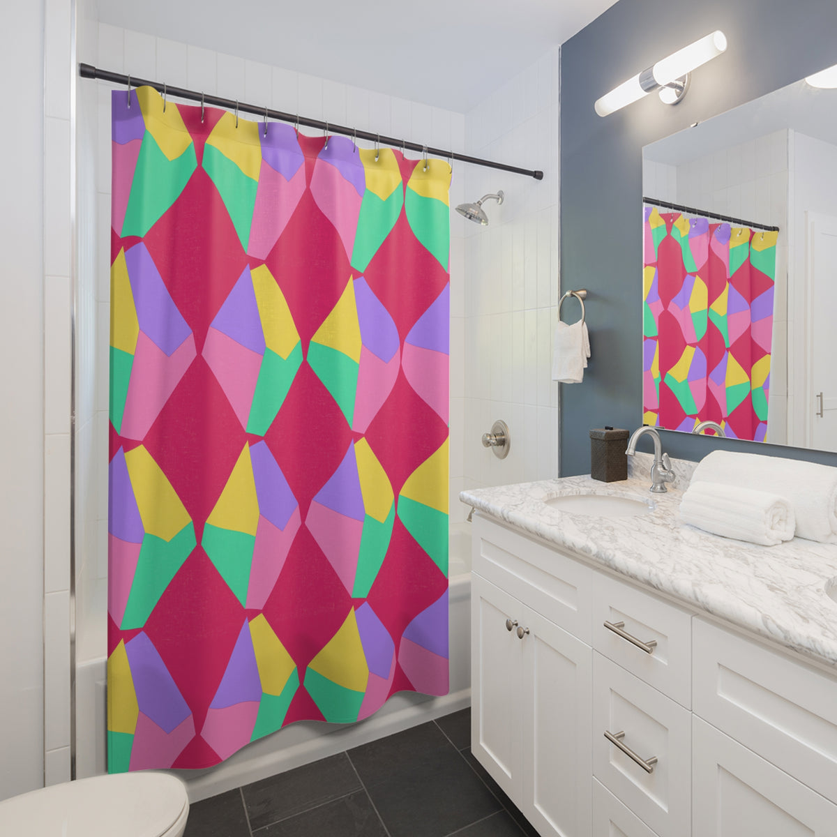 Grand Fractured Rhombus Shower Curtain – Candy Pop on Raspberry