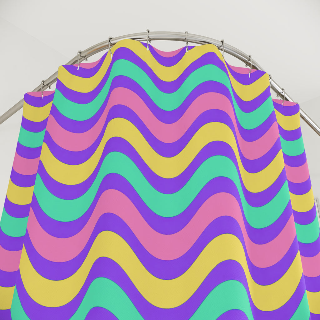 Wide Wave Interference Shower Curtain – Candy Pastel on Grape