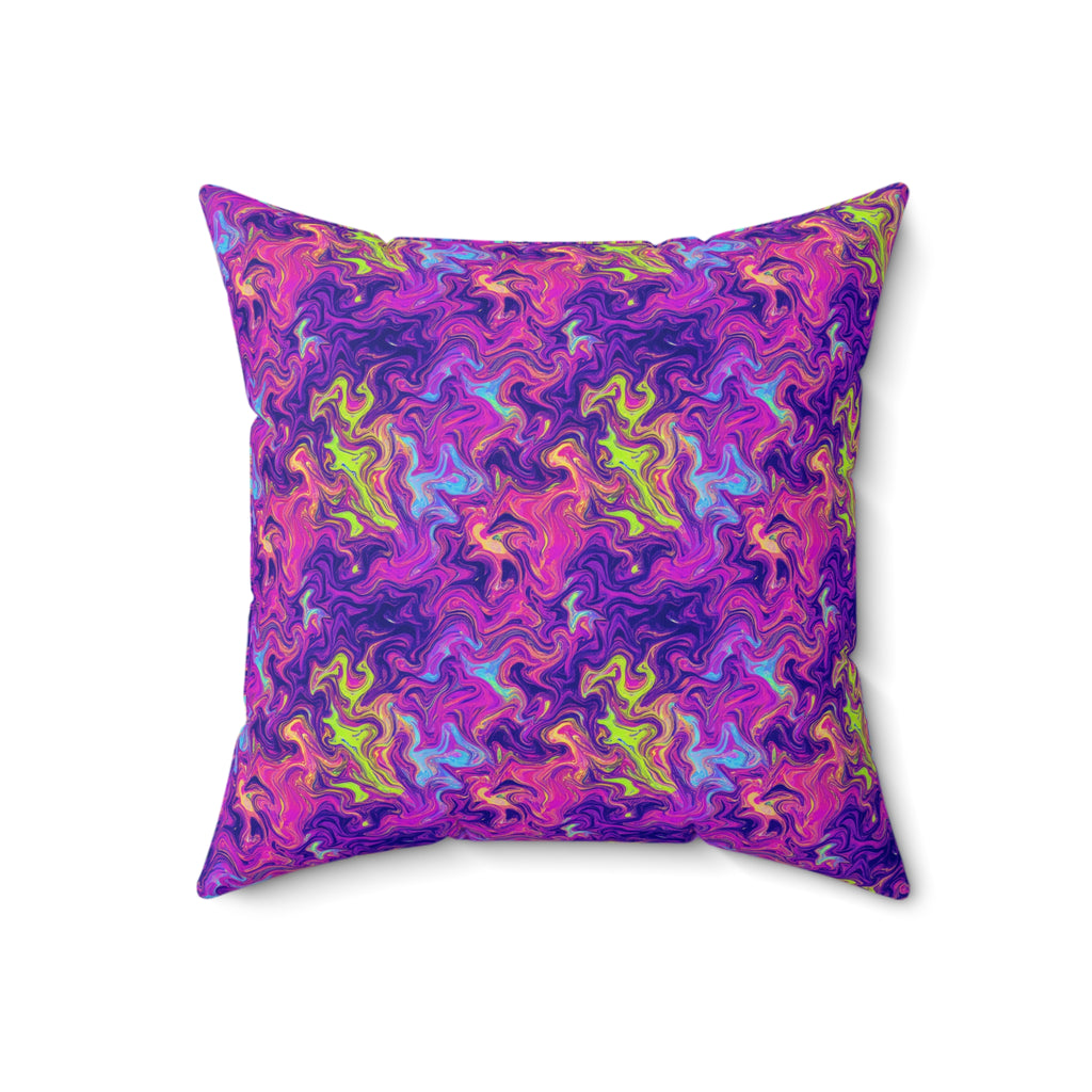 Neon Acrylic Pour Faux Suede Cushion – Psychedelic Marbling Pattern