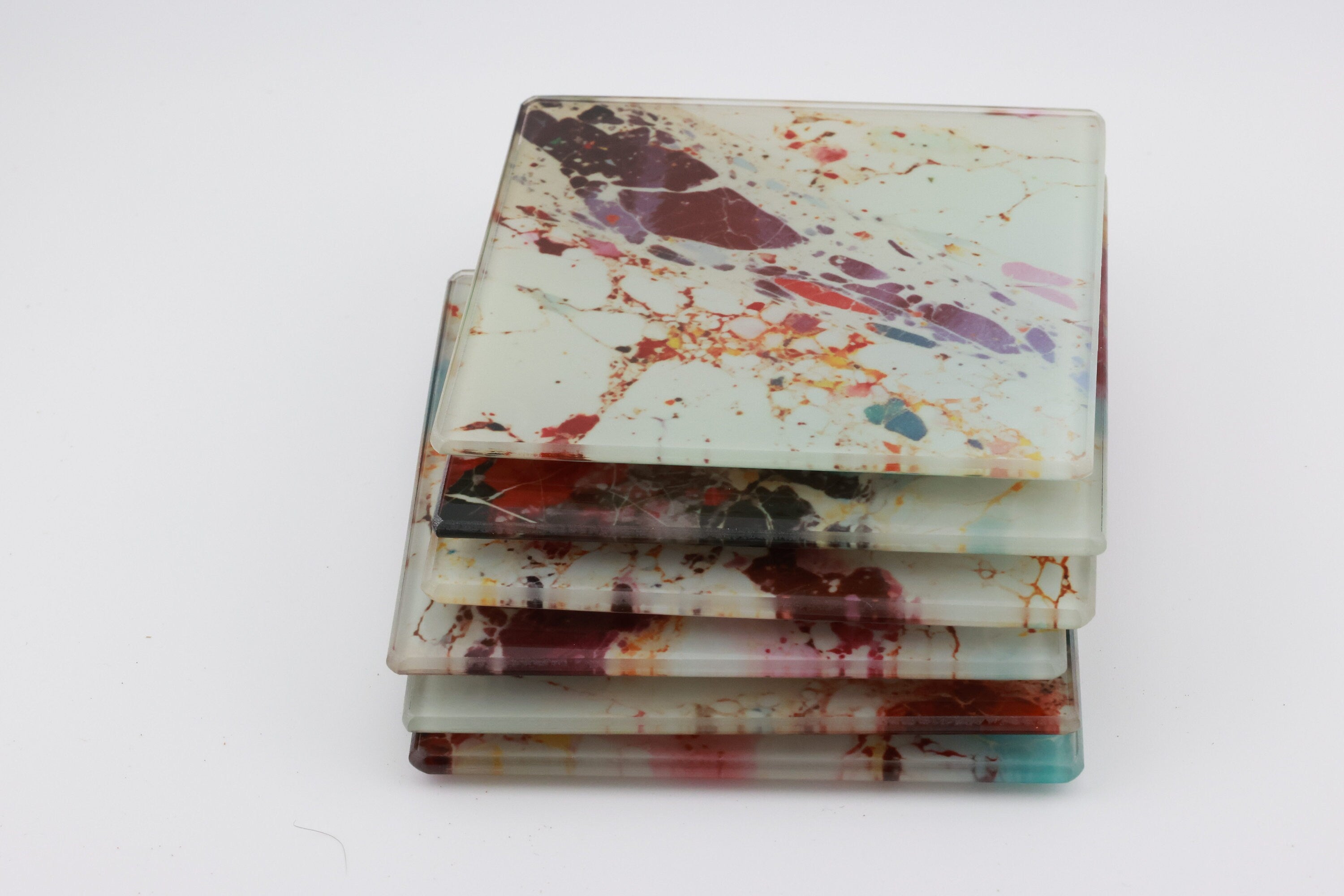 AI24018G Colorful Marble Glass Coaster, Abstract Agate Coaster, Modern Red Blue Gold Marble Decor, Rectangular Glass Drink Coaster Gift