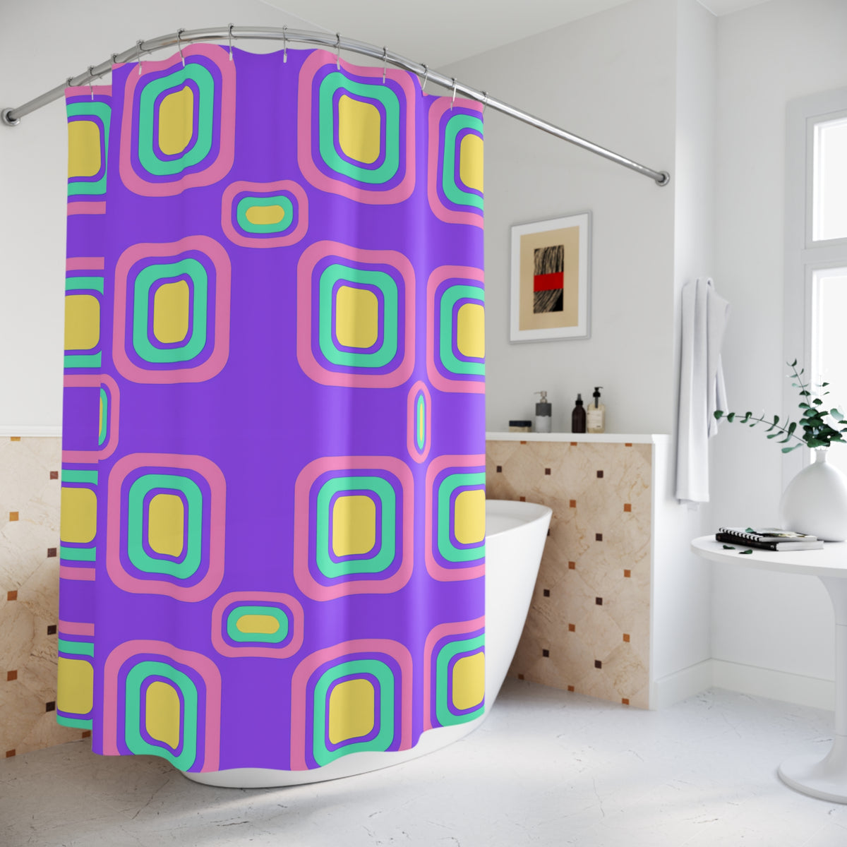 Big Ripple Squares Shower Curtain – Candy Pastel on Grape