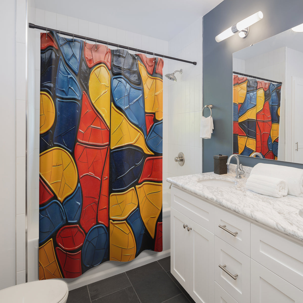 Bold Mosaic Glass Shower Curtain – Stained-Glass Style Mosaic
