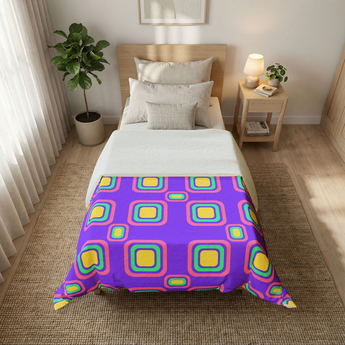 Big Ripple Squares Cotton Duvet Cover – Candy Pastel on Grape