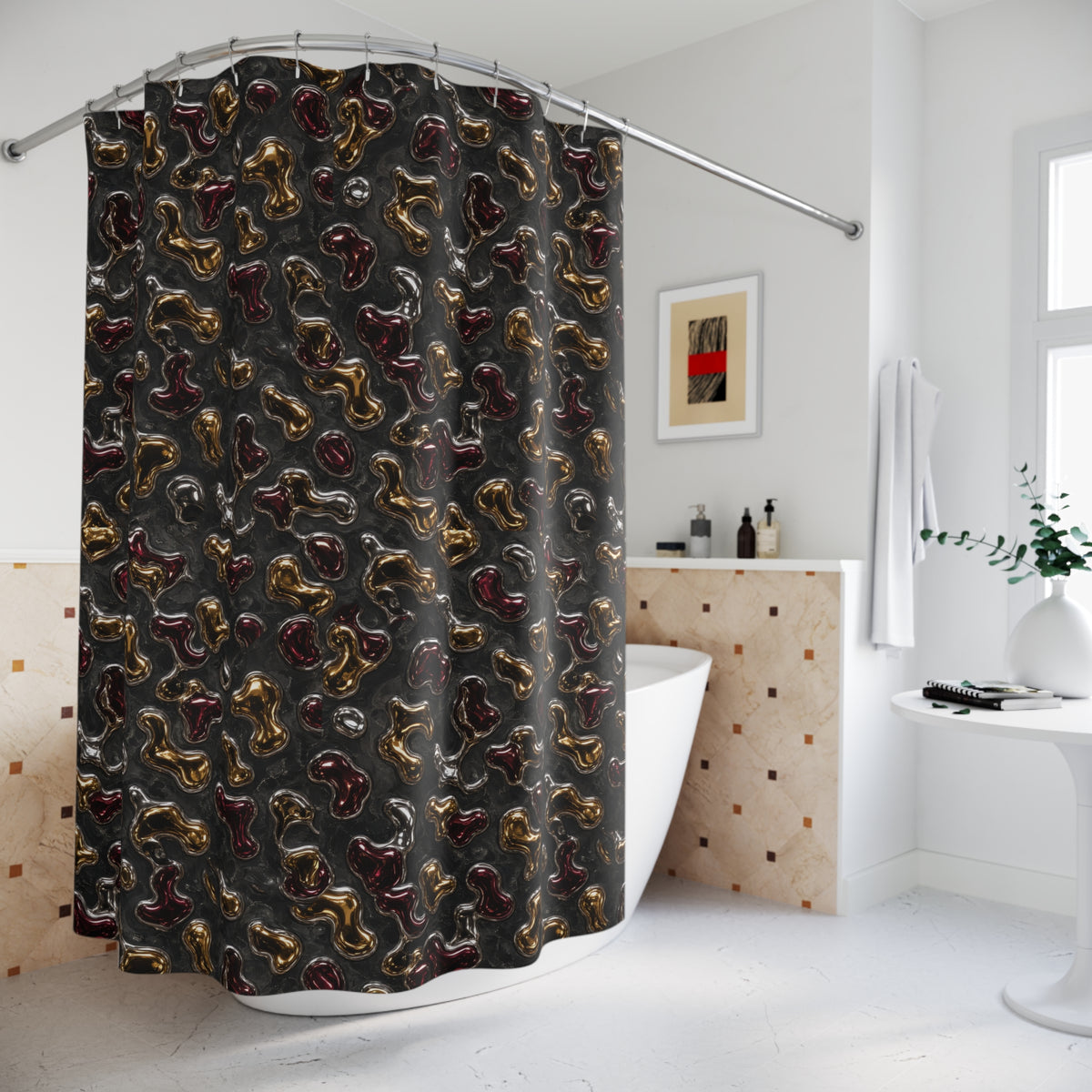 Merging Gold Puddles Shower Curtain – Liquid Chrome Pattern