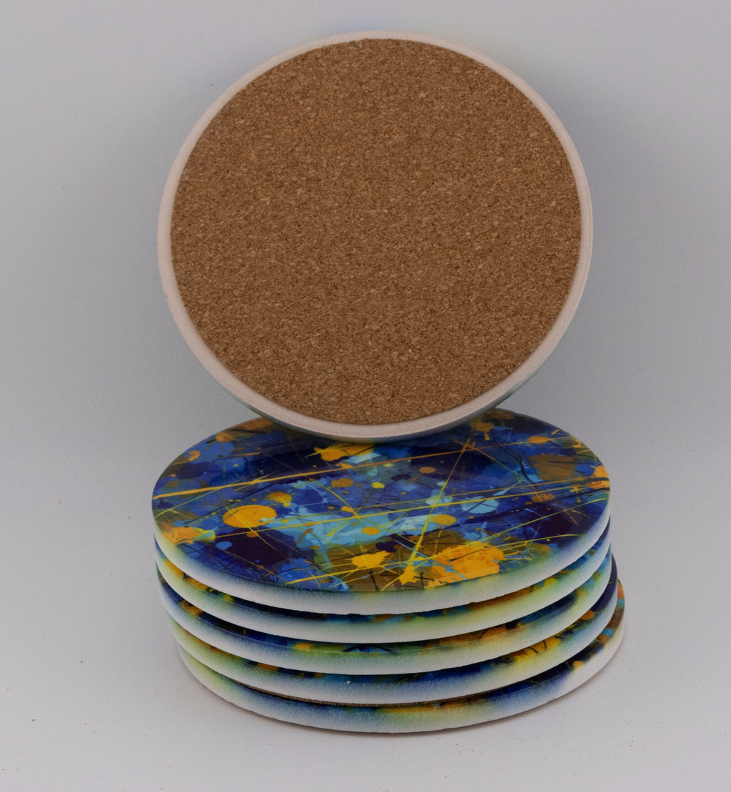 AI24010C Chaotic Blue & Yellow abstract effect Round Ceramic Coasters- Set of 6, gift for all occasions, six unique designs.