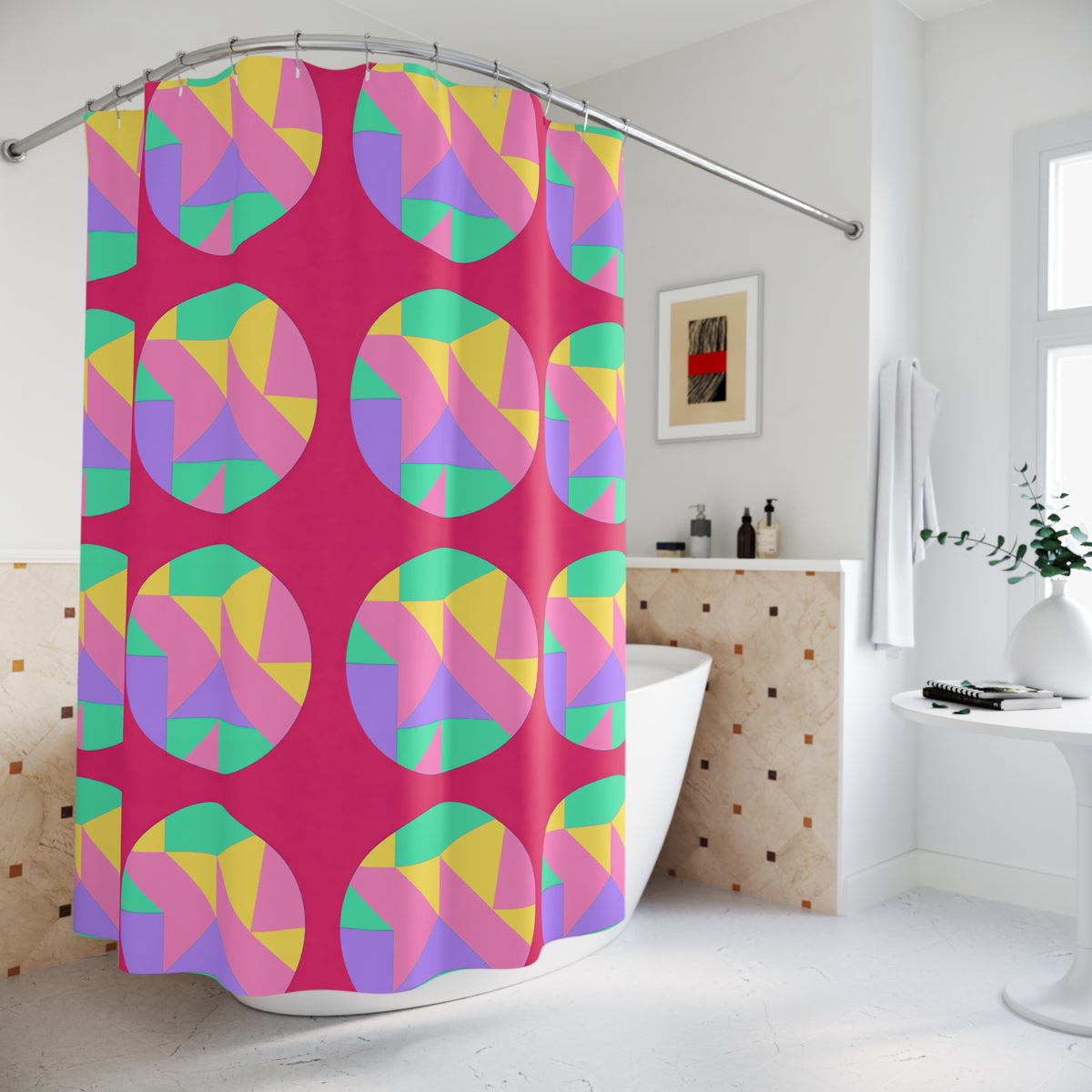 Broken Circle Planes Shower Curtain – Candy Pop on Raspberry