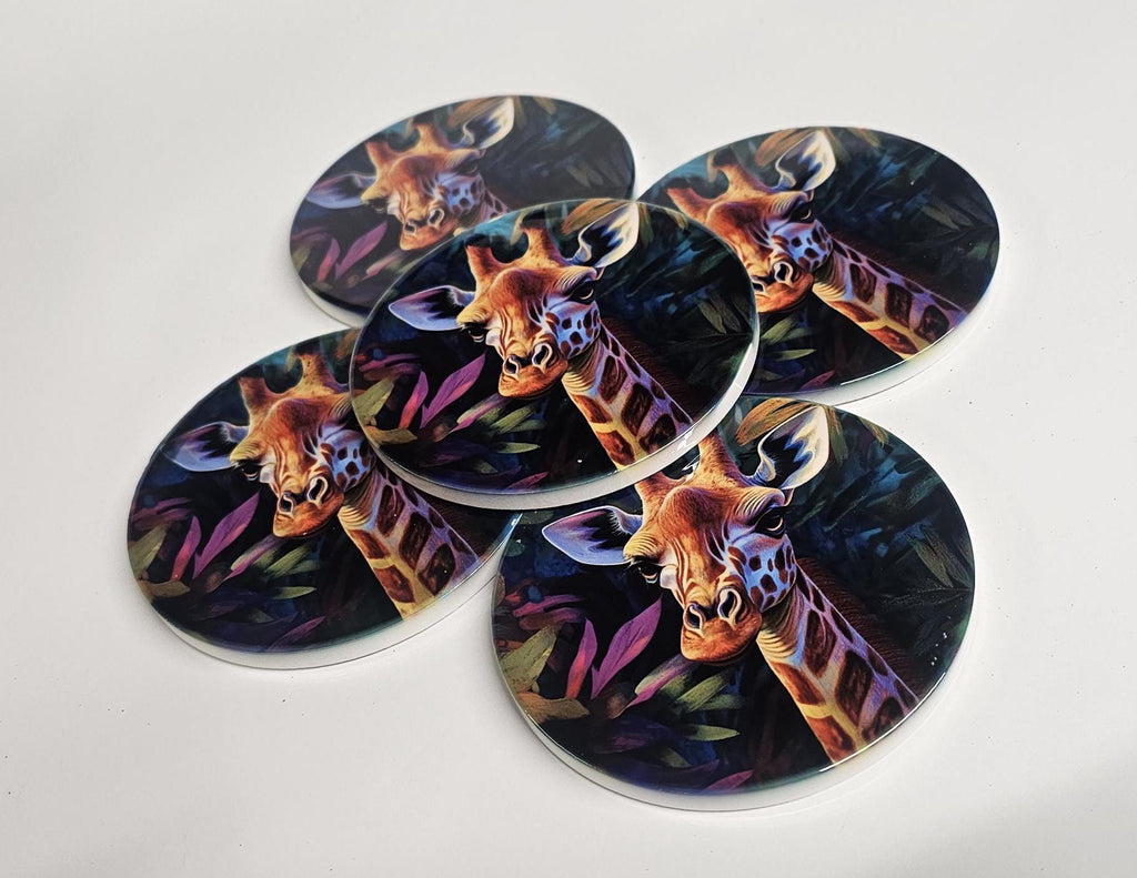 AI24065C Contemporary Design, Jungle Giraffe -  Round Ceramic Coasters- Set of 6, gift for all occasions, Designed and made in Britain