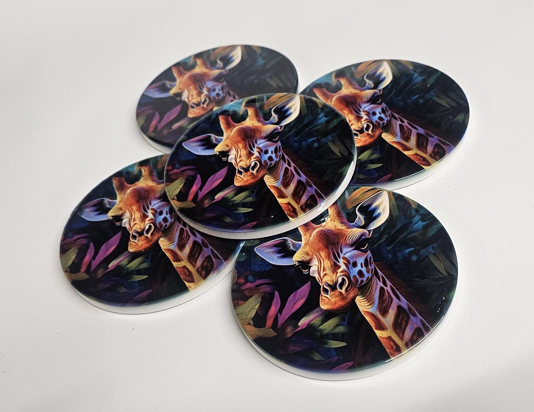 AI24065C Contemporary Design, Jungle Giraffe -  Round Ceramic Coasters- Set of 6, gift for all occasions, Designed and made in Britain