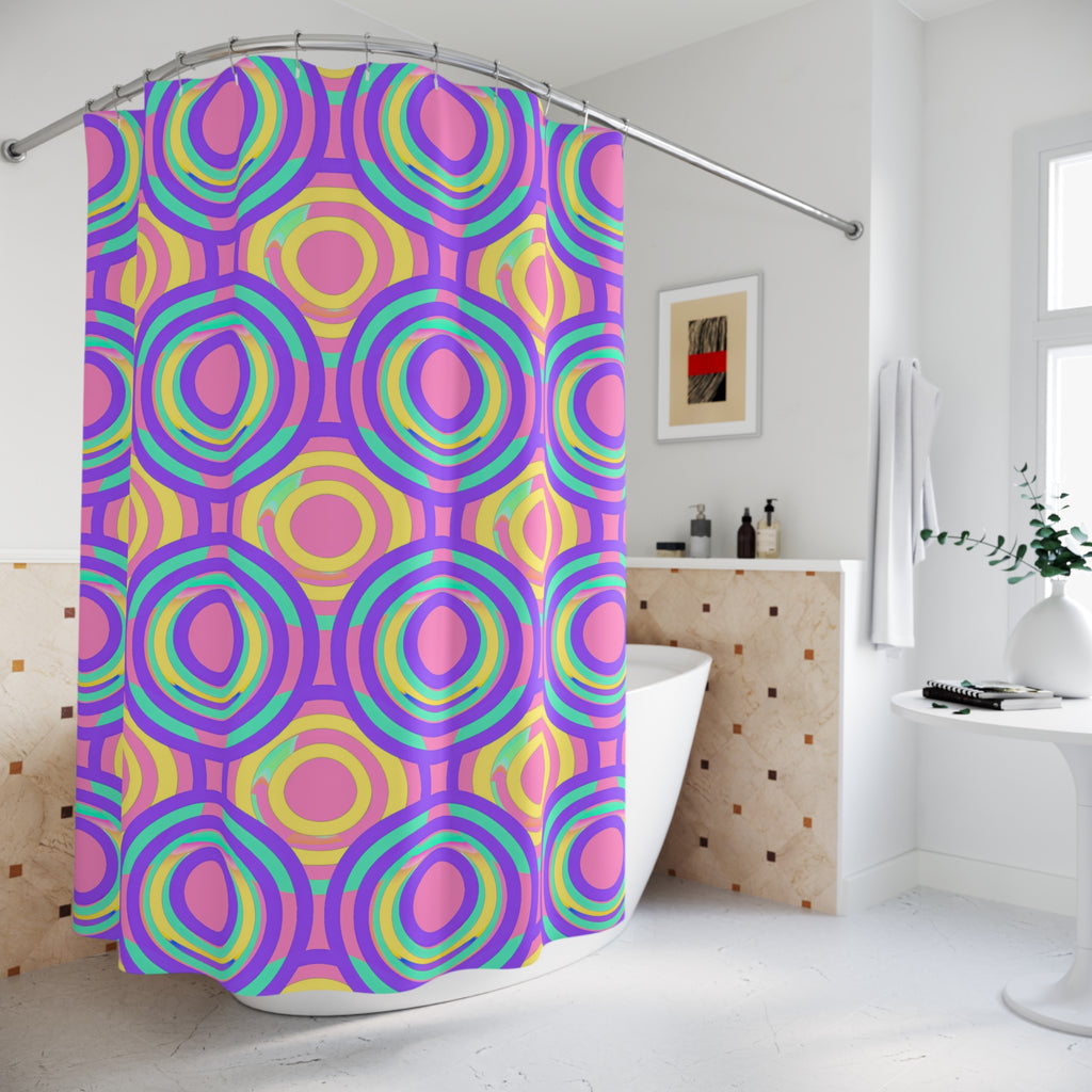 Interlocking Ring Ripples Shower Curtain – Candy Pastel on Grape