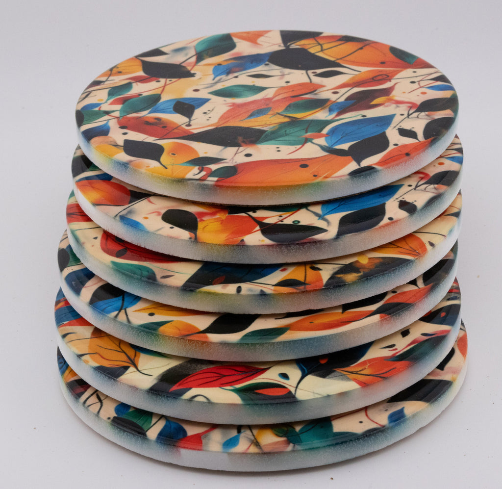 AI24025C Autumn Leaves Round Glass Coaster, Colorful Botanical Coaster, Modern Foliage Print Home Decor, Fall Leaf Pattern Drink Coaster