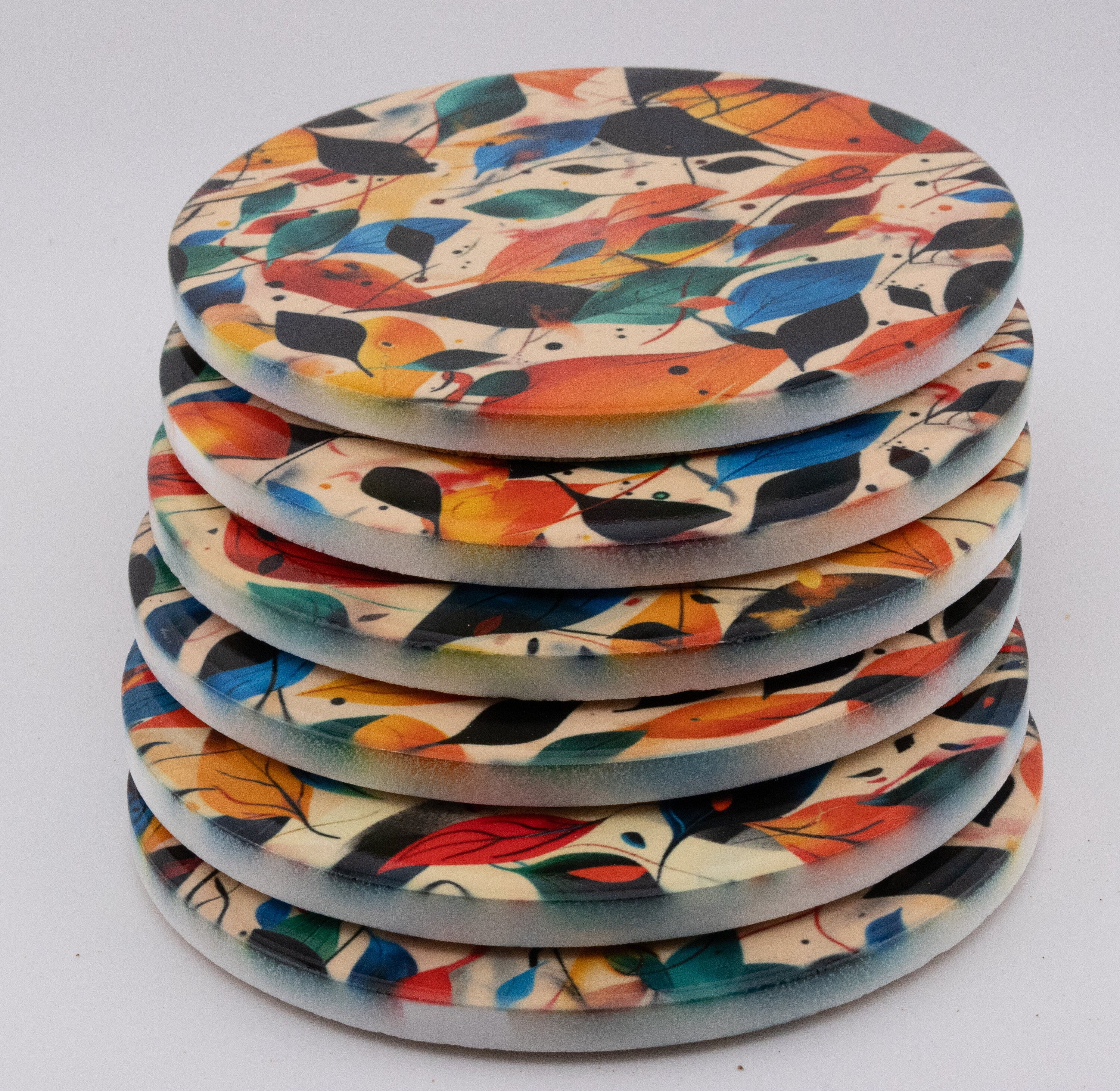 AI24025C Autumn Leaves Round Glass Coaster, Colorful Botanical Coaster, Modern Foliage Print Home Decor, Fall Leaf Pattern Drink Coaster