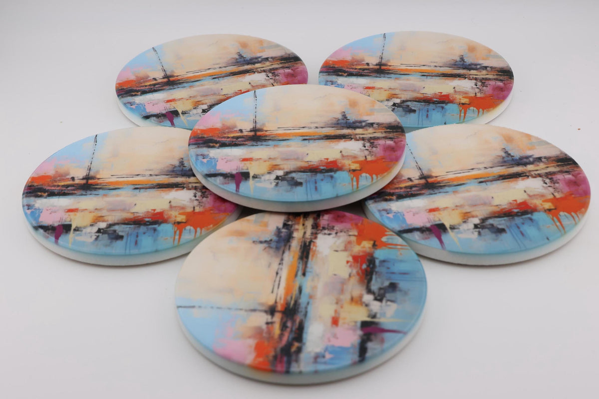AI24080C Abstract Minimalist Watercolour Seascape - Multi coloured Round Ceramic Coasters- Set of 6, gift for all occasions, Made in Britain