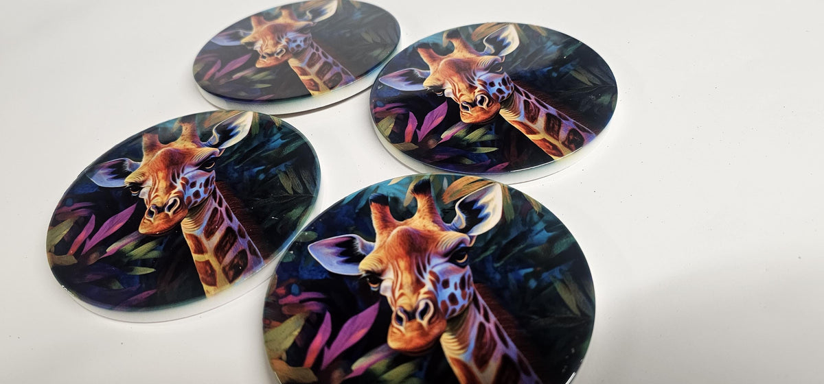 AI24065C Contemporary Design, Jungle Giraffe -  Round Ceramic Coasters- Set of 6, gift for all occasions, Designed and made in Britain