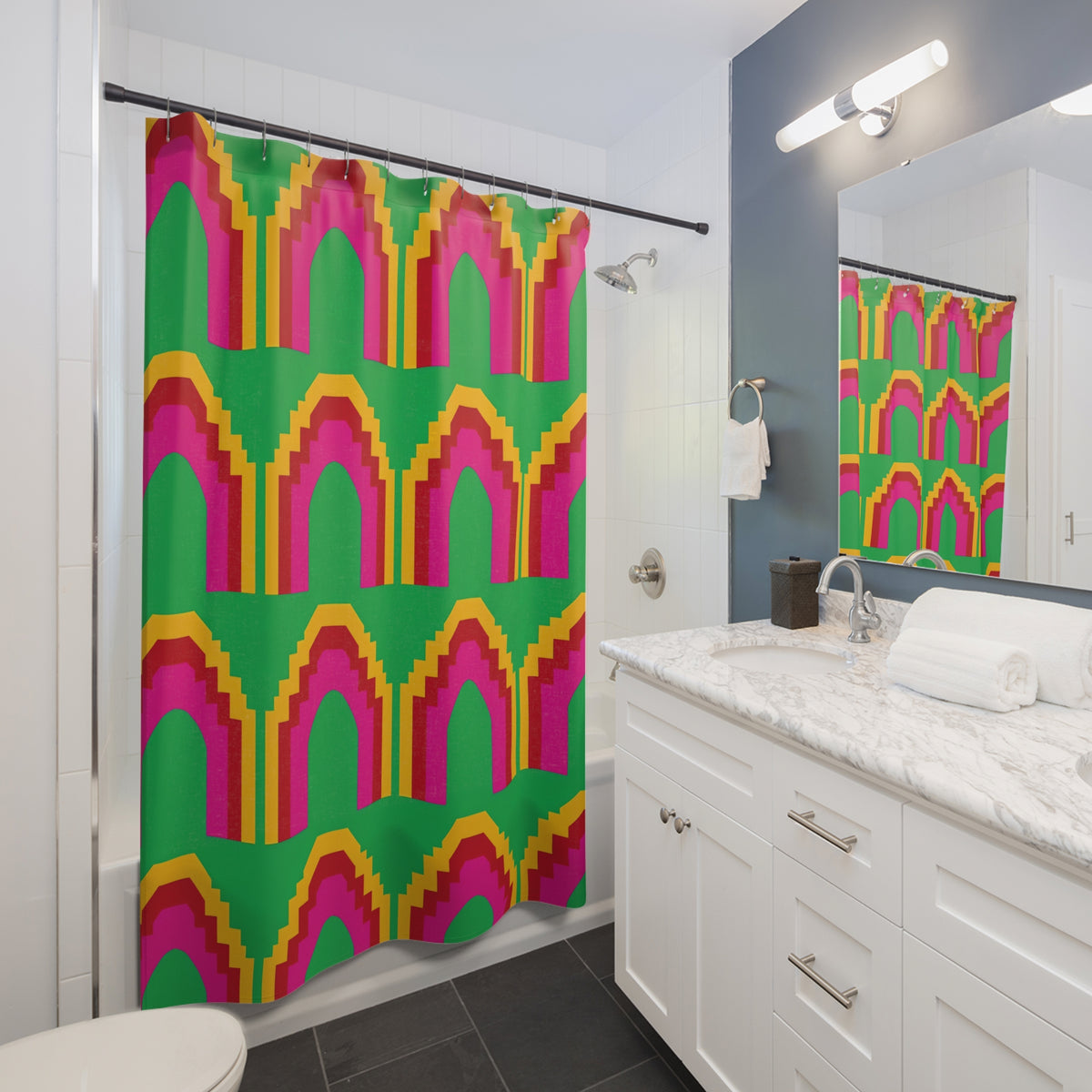 Grand Stepped Arches Shower Curtain – Art-Deco Arches Pattern
