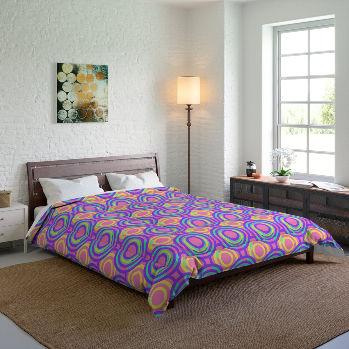 Interlocking Ring Ripples Comforter – Candy Pastel on Grape