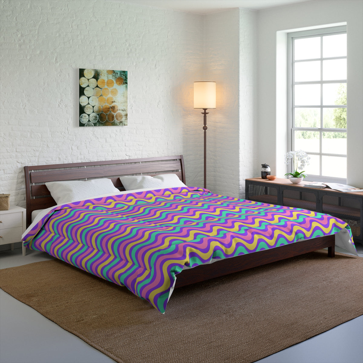 Wide Wave Interference Comforter – Candy Pastel on Grape
