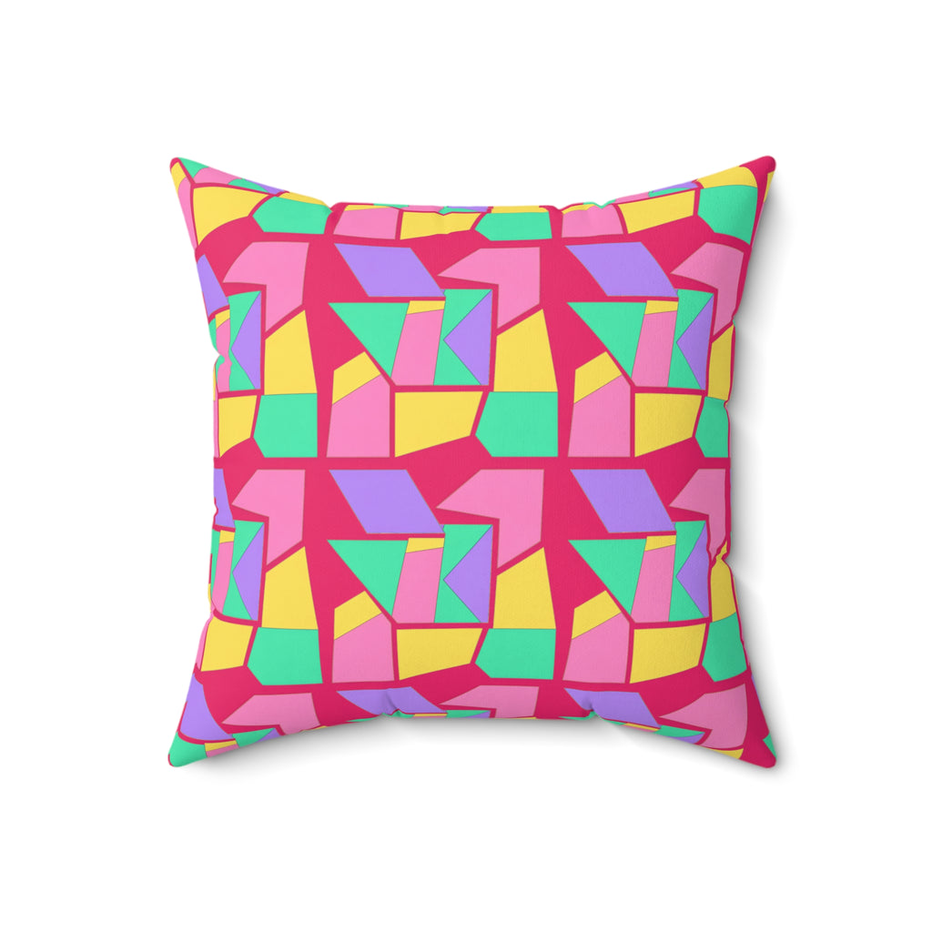 Cubist Block Quilt Faux Suede Cushion – Candy Pop on Raspberry