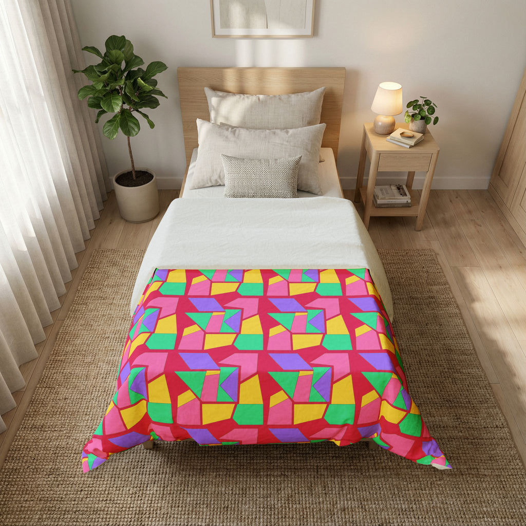 Cubist Block Quilt Cotton Duvet Cover – Candy Pop on Raspberry