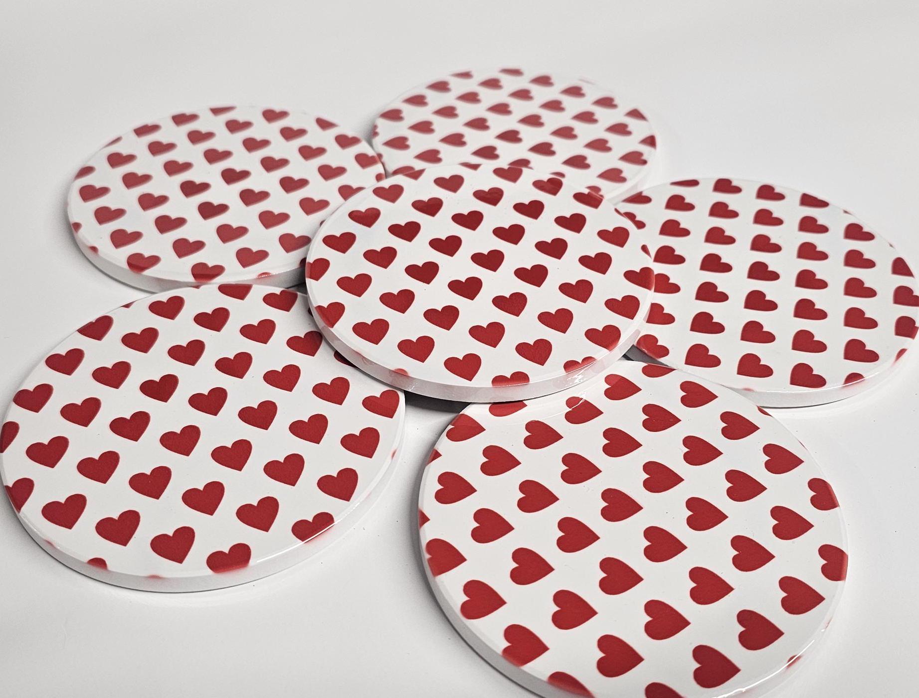 AI24068RWC Where the Heart is , White on Red / Red on White - Round Ceramic Coasters- Set of 6, gift for all , Designed made in Britain