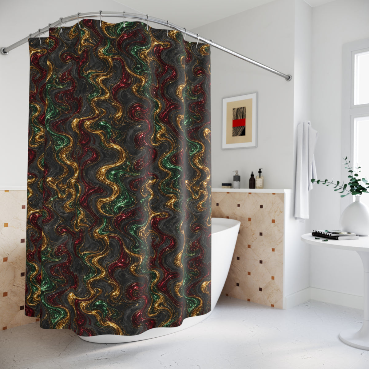 Jewel Metal Swirl Shower Curtain – Iridescent Fluid Pattern