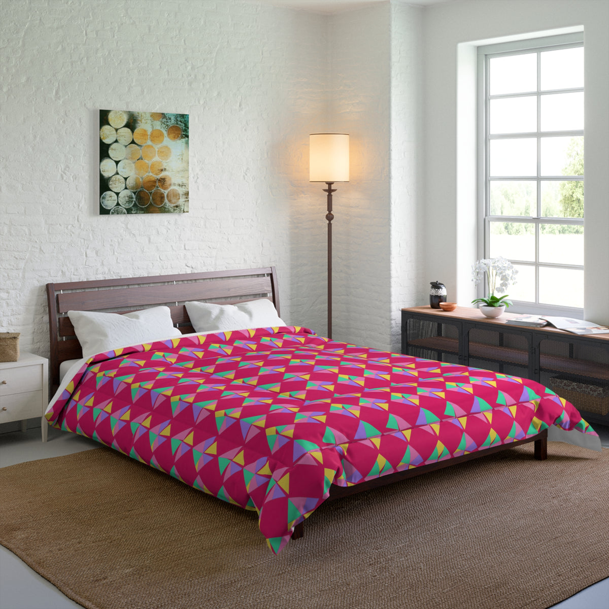 Stacked Cubist Prisms Comforter – Candy Pop on Raspberry