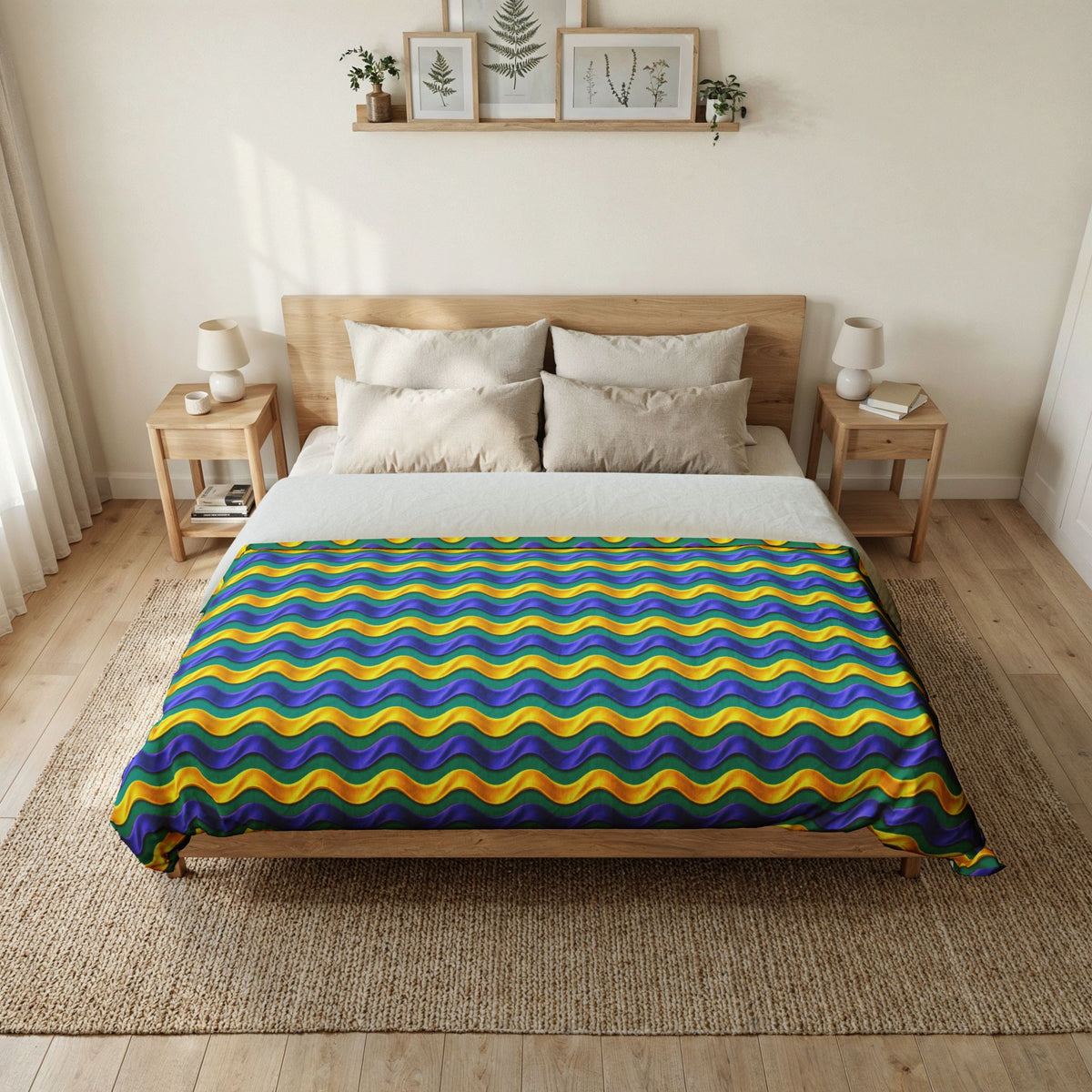 Satin Wave Bands Cotton Duvet Cover – Peacock Jewel
