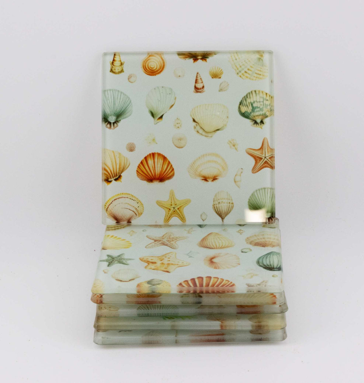 AI24041G- Seashell Glass Coasters Set, Coastal Beach Decor Coasters, Vintage Nautical Shell Print, Coasters, Beach House Housewarming Gift
