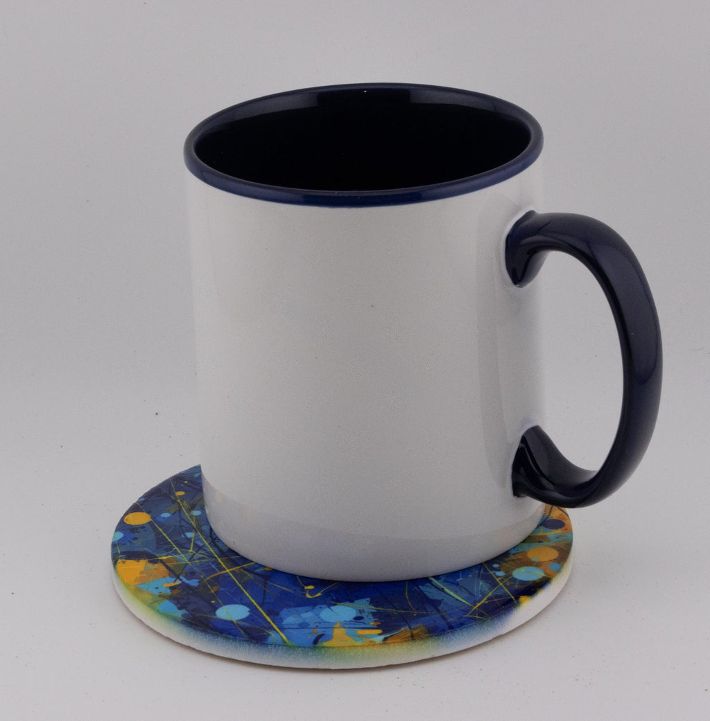 AI24010C Chaotic Blue & Yellow abstract effect Round Ceramic Coasters- Set of 6, gift for all occasions, six unique designs.