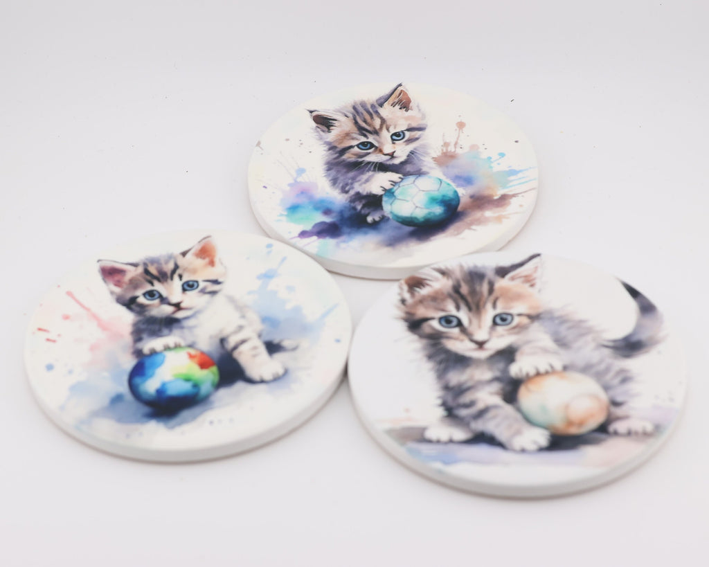 Cuddly kitten Printed Watercolour effect Round Ceramic Coasters-  Set of 6, colourful, gift for all occasions, six unique designs.