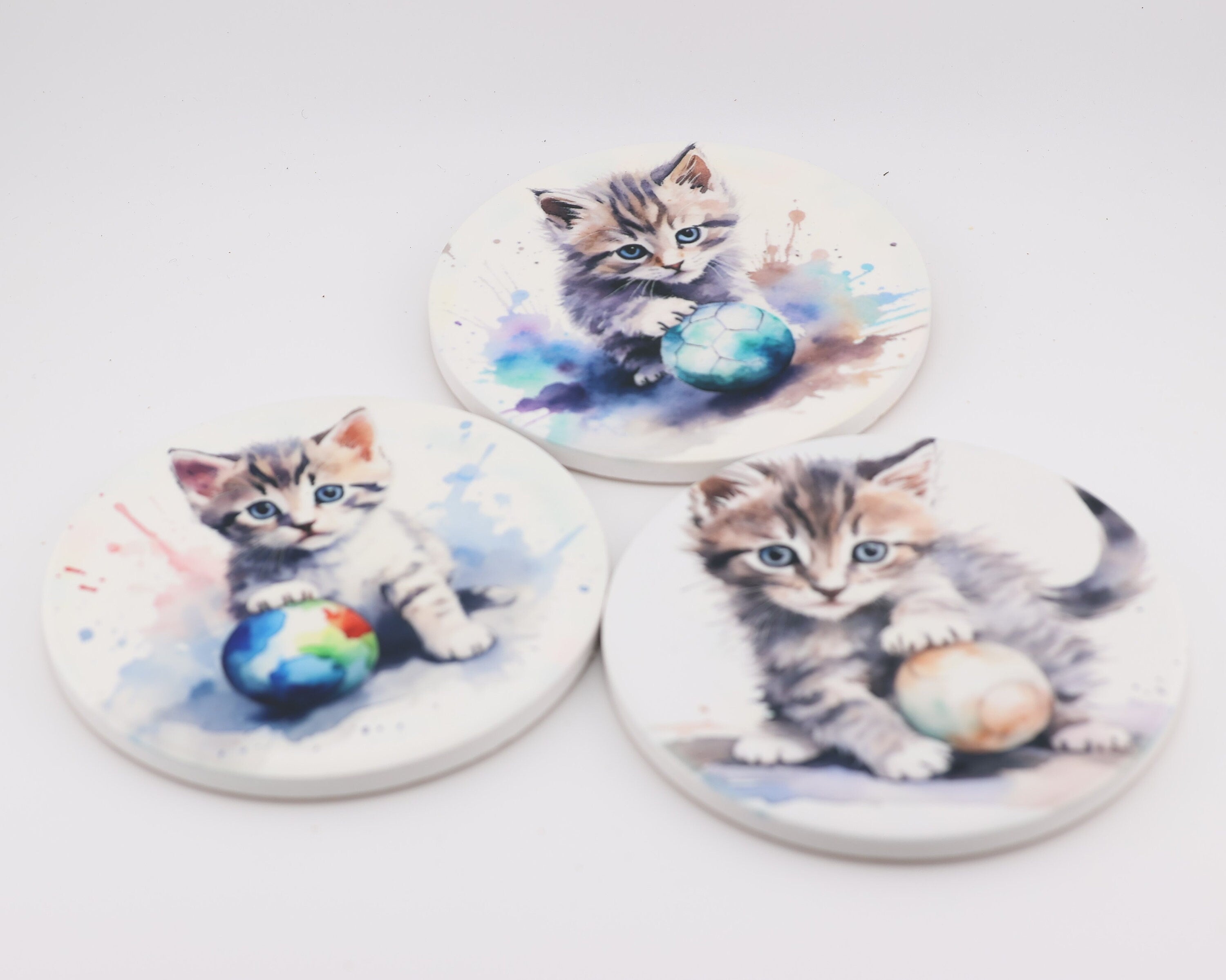 Cuddly kitten Printed Watercolour effect Round Ceramic Coasters-  Set of 6, colourful, gift for all occasions, six unique designs.
