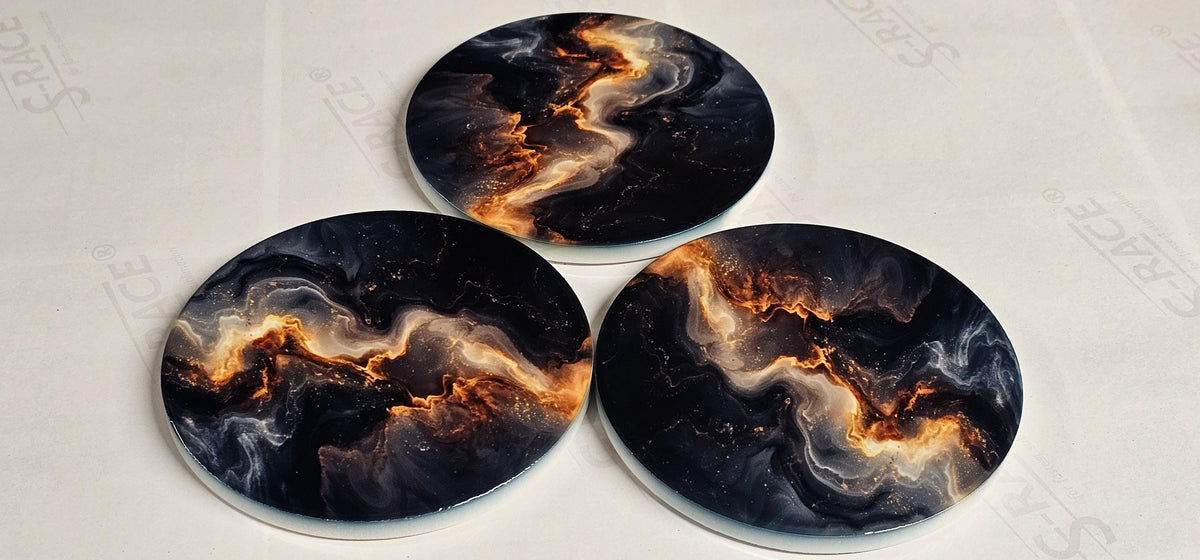 AI24062C Abstract Black & Gold Lave Marble Design -  Round Ceramic Coasters- Set of 6, gift for all occasions, Designed and made in Britain